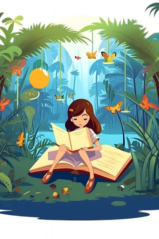 女孩在丛林氧吧读书卡通插画背景