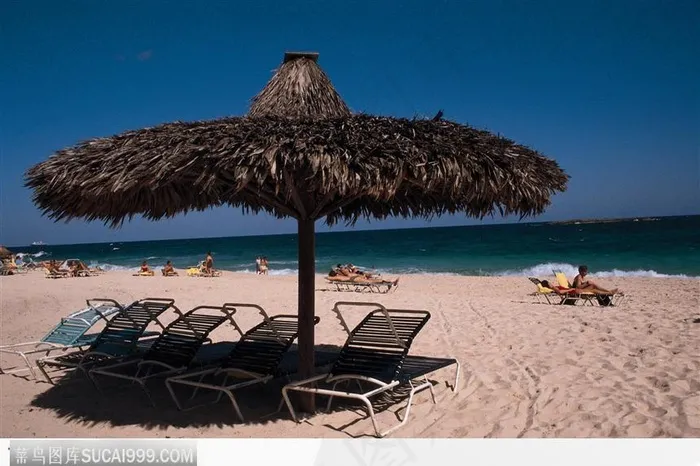 海滩 蓝天 沙滩 遮阳草伞