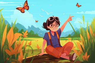 绿色清新草地人物插画