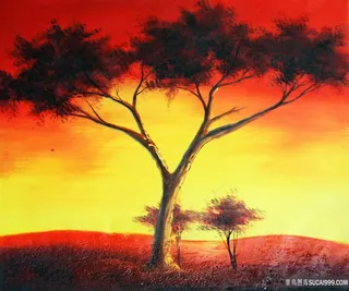 唯美黄昏大树风景画插画