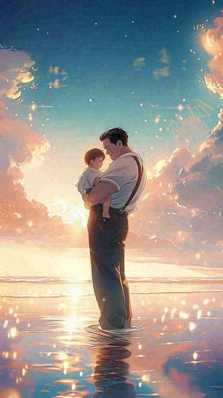 父爱父亲节海边落日温馨爱意浪漫插画