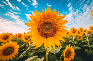 晴天的向日葵田的照片明亮的颜色，黄色向日葵摄影图