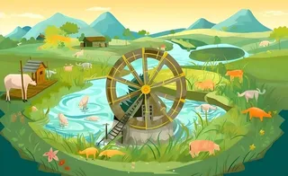 春天田园绿色自然风车水河流畜牧插画素材背景