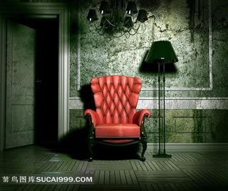 复古室内的红色沙发图片素材