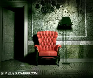 复古室内的红色沙发图片素材