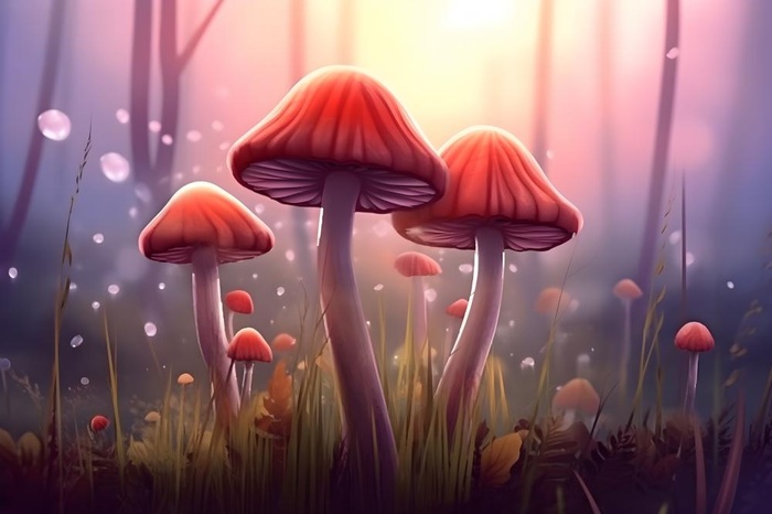 春天草丛蘑菇森林手绘插画海报素材背景(5376x3584)