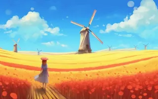 秋天麦田里的女孩背影插画背景