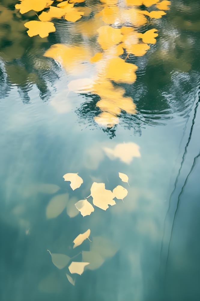 水面黄色秋叶树叶意境背景(2400x3600)