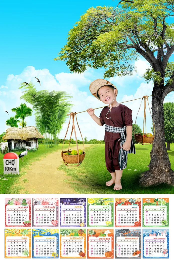 农村风景日历玄关psd模版下载