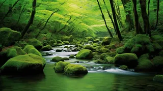 森林溪流小涧石头青苔摄影图