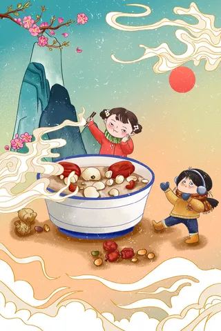 中国传统节日手绘卡通腊八节腊八粥插画海报PSD格式设计素材