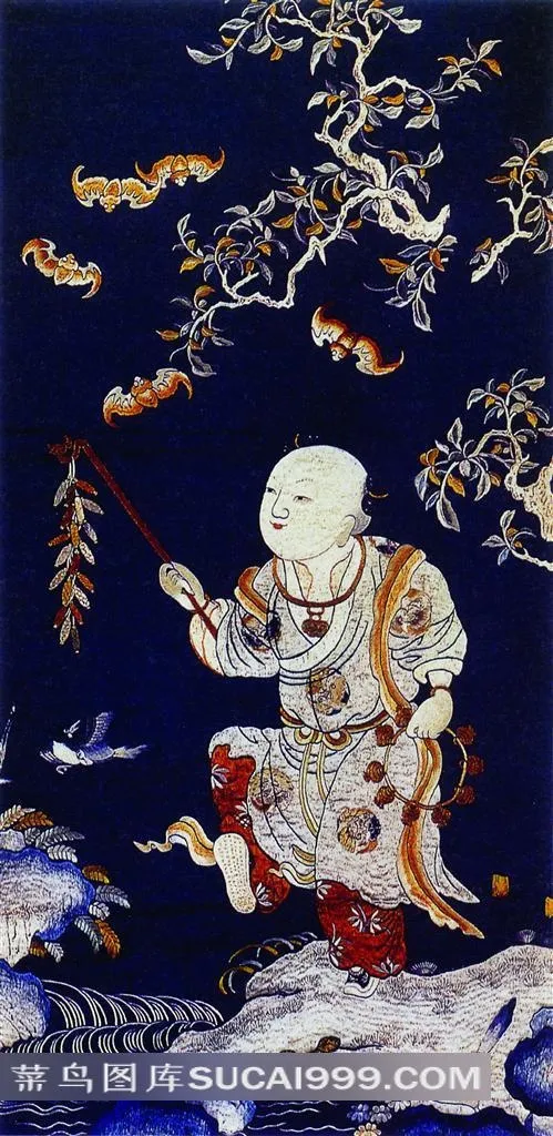 古典孩童蝴蝶蝙蝠刺绣素材
