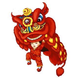 新年春节虎年元宵手绘人物舞狮卡通狮子头插画元素PSD设计素材