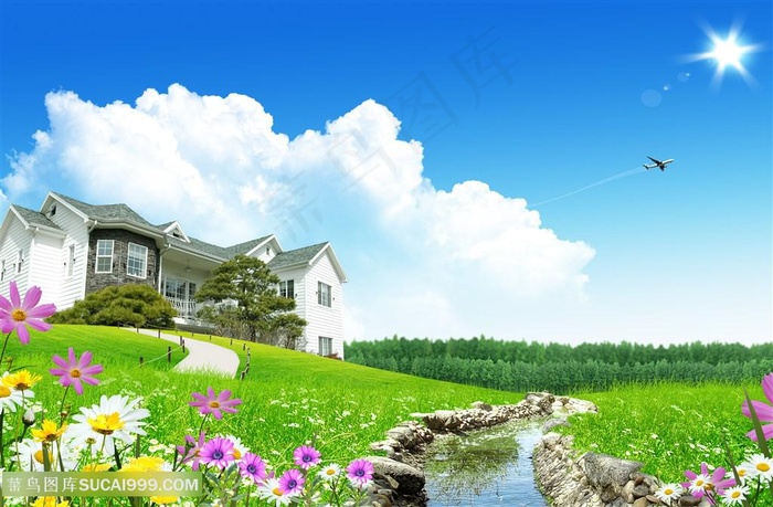 唯美别墅风景画韩式自然背景