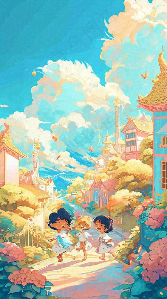 清新蓝天白云儿童路边行走手绘插画，花丛草地植物
