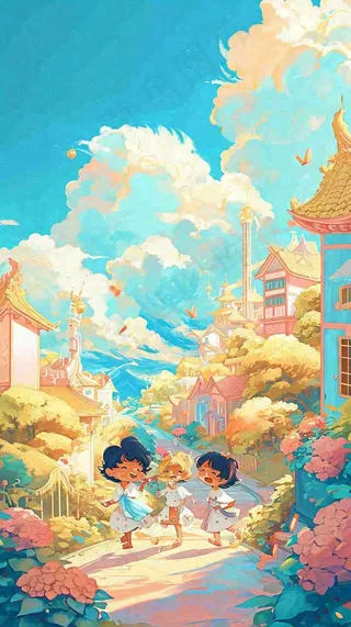 清新蓝天白云儿童路边行走手绘插画，花丛草地植物