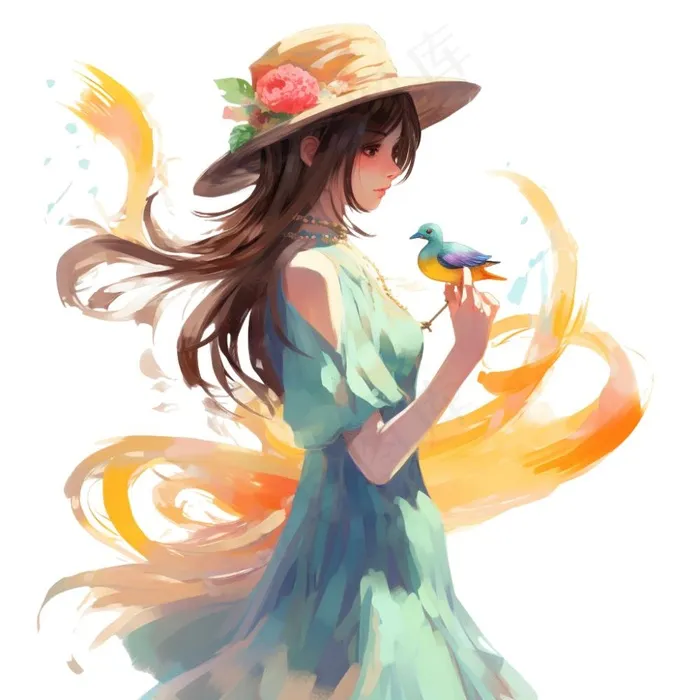 秋日美丽的少女油画插画免抠(1024x1024)
