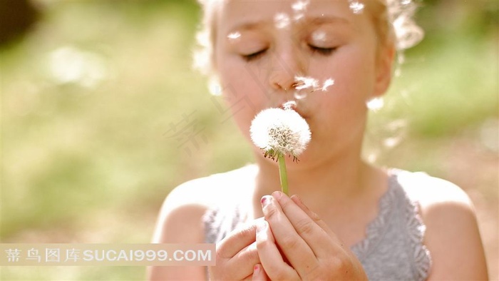 吹着蒲公英的小女孩