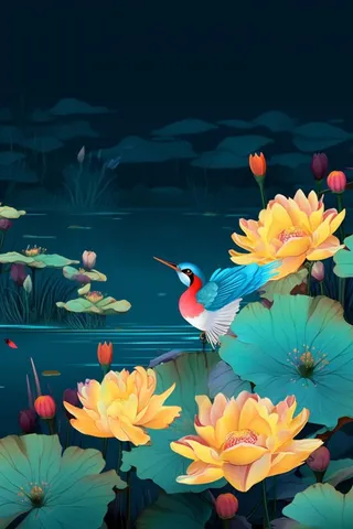 国风荷花蓝绿湖面荷叶背景