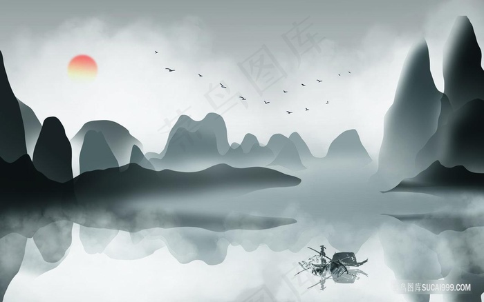 水墨山脉湖畔木舟风景画