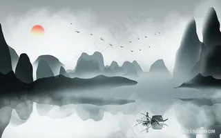 水墨山脉湖畔木舟风景画