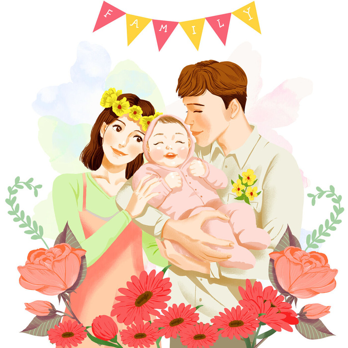 妈咪爸爸宝贝插画PSD素材