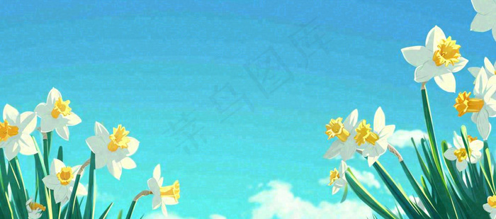 春天清新草地小花蓝天白云，鲜花向阳手绘插画(1632x720)