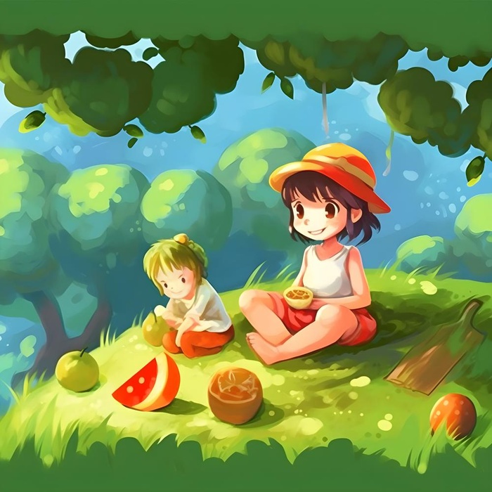夏日人物水果树荫乘凉插画素材背景(4096x4096)