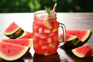 夏日在木桌上冰西瓜汁饮料摄影图