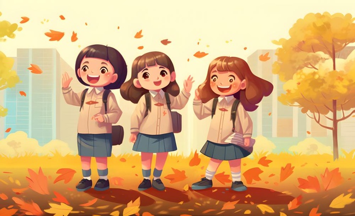 孩子们放学回家落叶欢乐卡通插画背景(3600x2193)