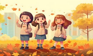 孩子们放学回家落叶欢乐卡通插画背景