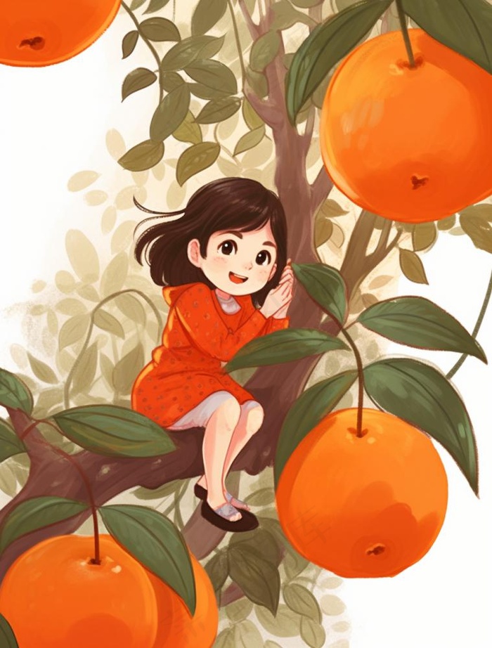 女孩少女坐着橘子树上可爱卡通插画素材背景(960x1264)