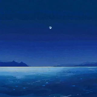 夜晚河面星空月亮唯美夜景扁平插画手绘