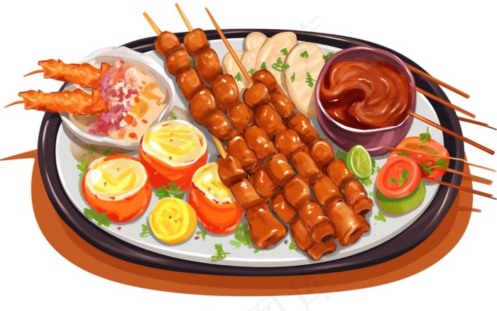 烧烤烤肉美食插画免抠(1376x864)