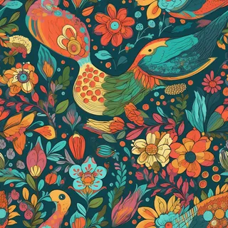 花鸟图，插画风格，无缝贴图，素材