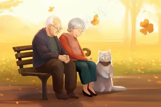 夕阳下老人们做长椅上猫咪重阳插画素材背景 