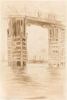 惠斯勒素描湖畔建筑