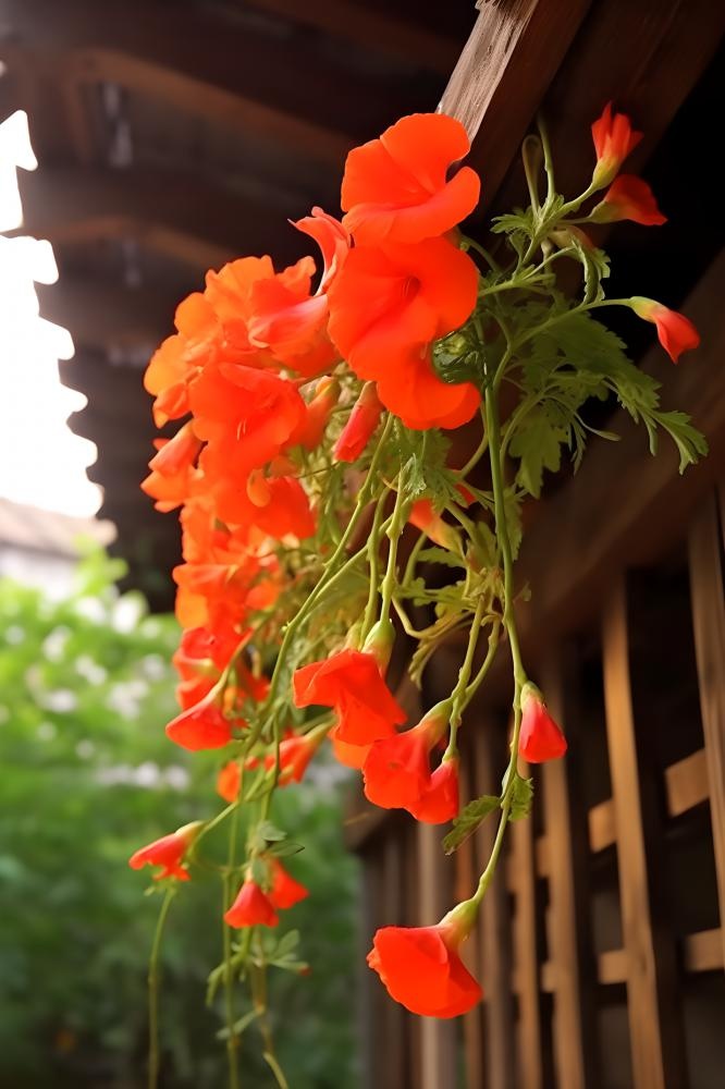 屋檐鲜花红色绿叶背景