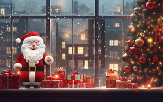 圣诞装饰喜庆礼物红色窗外下雪摄影图