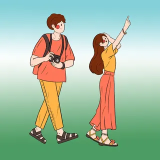 情侣旅游拍照手绘