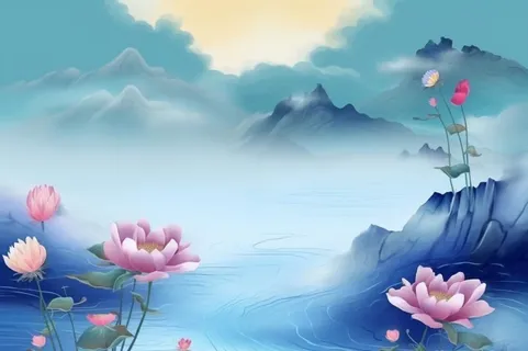 创意蓝色山水荷花荷叶背景