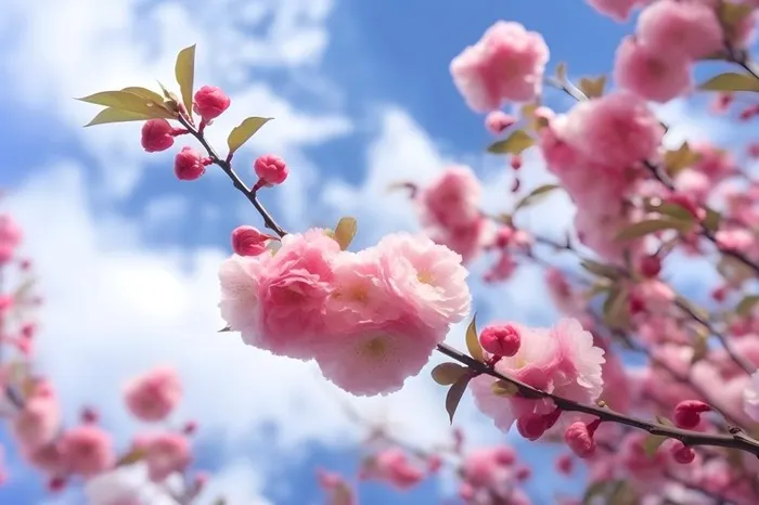 蓝天白云粉色树枝花朵樱花摄影海报素材背景(5376x3584)