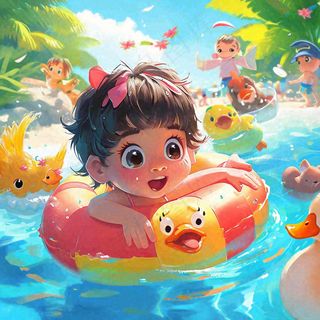 夏日儿童游泳清爽夏季暑期游玩，阳光绿植，夏至小暑