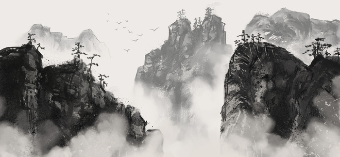 秀丽山峰云雾景观画PSD素材
