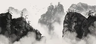 秀丽山峰云雾景观画PSD素材