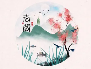 春分万物生长风景画PSD素材