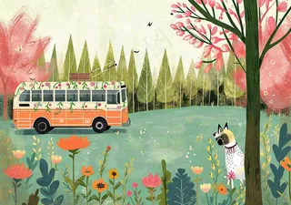 清新可爱春日郊游旅行房车粉绿蜡笔插画手绘草坪，惊蛰春分