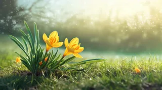 阳光沐浴下的草坪里的小黄花摄影图