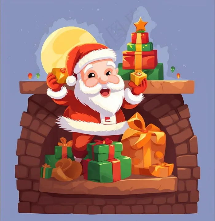 烟囱里的圣诞老人礼物卡通插画背景(1024x1056)