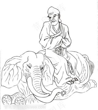 坐在大象上的僧人罗汉线描矢量PNG绘画图片